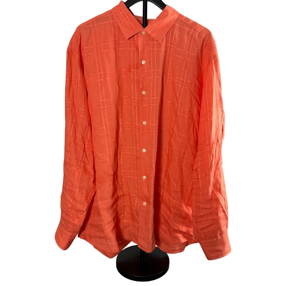Tommy Bahama Mens XXL Coral Orange 100% Linen Dobby Grid Long Sleeve Button Shir